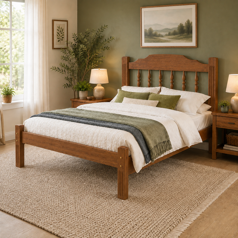 Cama de Casal Cor Mogno Madeira de Eucalipto Reforçada