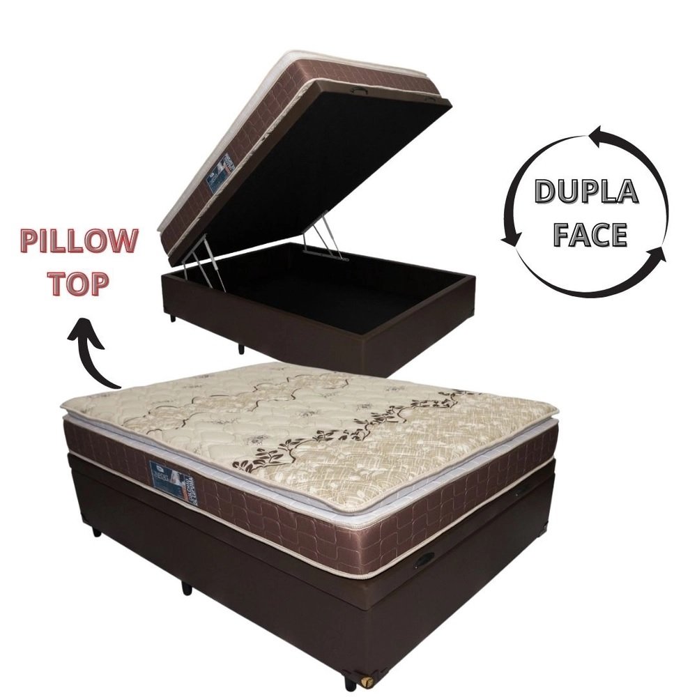 Cama Base Box com Baú Queen+ Colchão de Espuma D28 Dupla Face - PILLOW TOP -Confort - Anjos:marrom