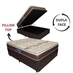 Cama Base Box com Baú Queen+ Colchão de Espuma D28 Dupla Face - PILLOW TOP -Confort - Anjos:marrom - 1