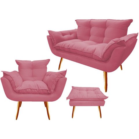 Kit Namoradeira + 1 Poltrona + 1 Puff Decorativo Opala Suede Rosa Pés Madeira Ms Decor
