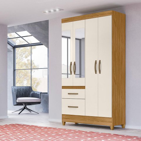 Guarda Roupa Moval 4 Portas 2 Gavetas com Espelho 110cm Off White Madri