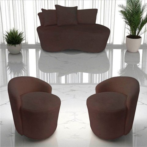 Kit Namoradeira + 2 Poltronas Yara Orgânica Couro Marrom