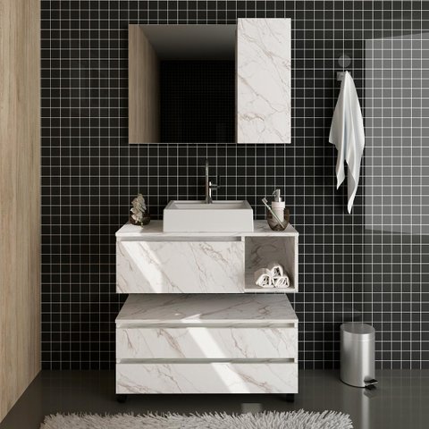 Kit Banheiro Com 2 Gabinetes 1 Espelheira e Cuba Inclusa Cor: Mármore Branco