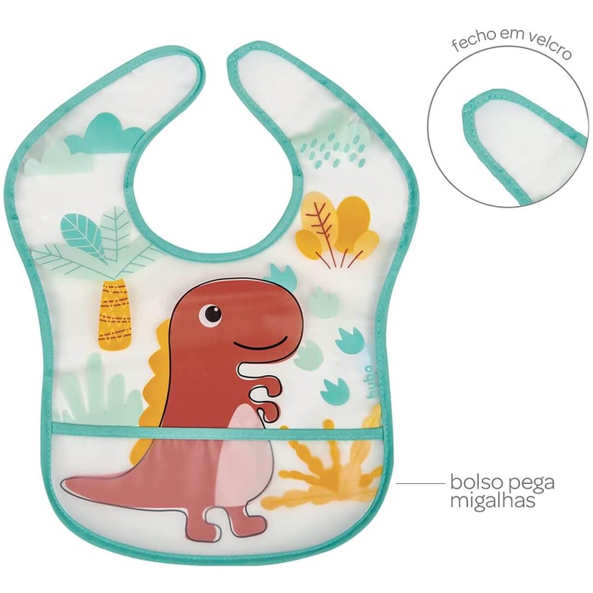 Babador Impermeável com Bolso Cata Migalhas para Bebê Buba Dinossauro Colorido - 2