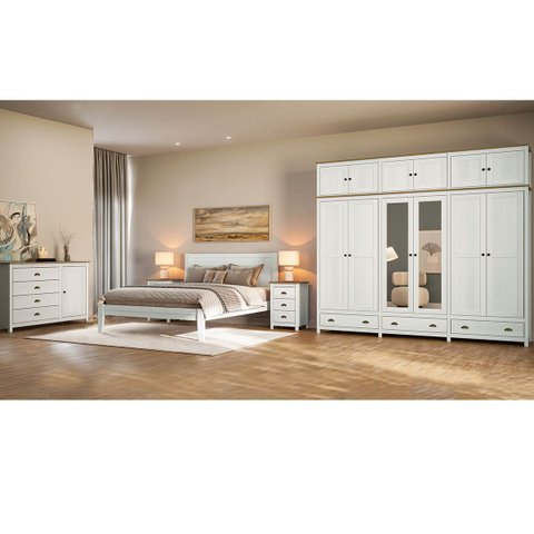 Conjunto Quarto Branco Topázio: Guarda-roupa 12 Portas, Cômoda, Cama Queen e 2 Mesas de Cabeceiras