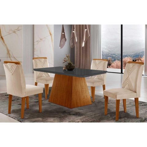 Conjunto: Mesa Sala Jantar Luna Tampo Madeirado C/ Vidro Canto Curvo 120x80 e 4 Cadeiras Amsterdã
