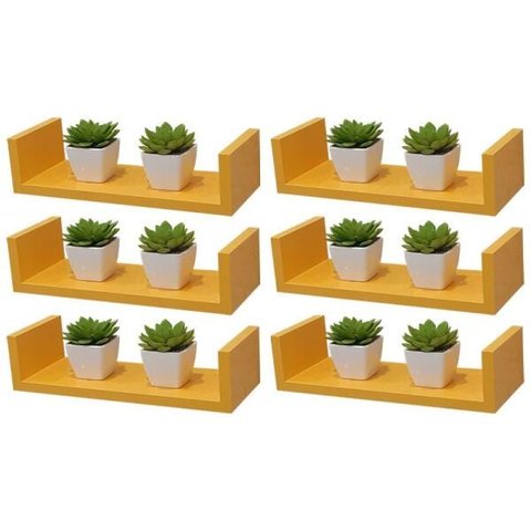 Kit 6 Prateleiras U 40 x 15cm Amarela Suporte Invisível