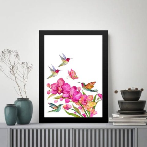 Quadro Pássaros Beija-flores 24x18cm:moldura Branca