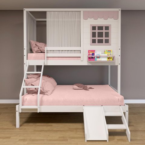 Beliche Casinha Reta Casal/ Solteiro com Escorregador e Cortina Madeira Maciça Branco/ Rosa Housin