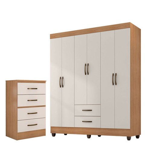 Kit Guarda-roupa Casal 6 Portas com Cômoda 4 Gavetas Lisa Nature/off White