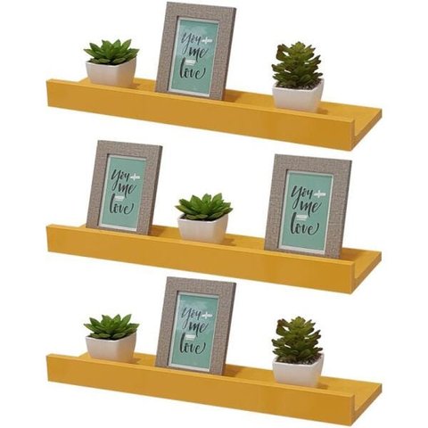 Kit 3 Prateleiras Porta Quadros 40 x 10cm Amarela Suporte Invisível