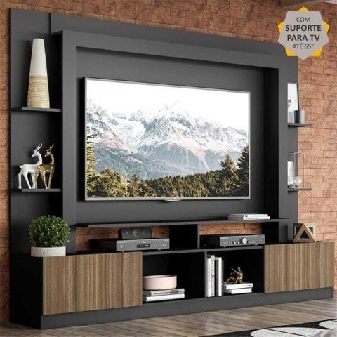 Rack Estante com Painel e Suporte para TV até 65 Polegadas e 2 Portas Oslo Multimóveis Preto/Madeira