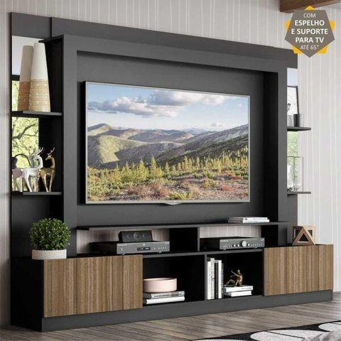 Rack com Painel e Suporte para TV até 65 Polegadas Prateleiras com Espelho Oslo Multimóveis Preto/Ma