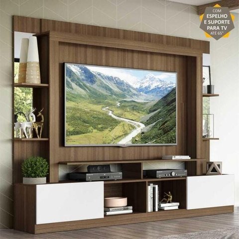 Rack com Painel e Suporte para TV até 65 Polegadas Prateleiras com Espelho Oslo Multimóveis Madeirad