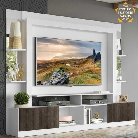 Rack com Painel e Suporte para TV até 65 Polegadas Prateleiras com Espelho Oslo Multimóveis Branco/T