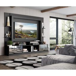 Rack com Painel e Suporte para TV até 65 Polegadas Portas com Espelho Oslo Multimóveis Preto/Madeira - 7