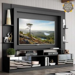 Rack com Painel e Suporte para TV até 65 Polegadas Portas com Espelho Oslo Multimóveis Preto/Madeira - 1