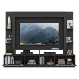 Rack com Painel e Suporte para TV até 65 Polegadas Portas com Espelho Oslo Multimóveis Preto/Madeira - 5