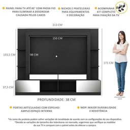 Rack com Painel e Suporte para TV até 65 Polegadas Portas com Espelho Oslo Multimóveis Preto/Madeira - 3