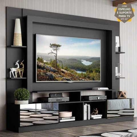 Rack com Painel e Suporte TV 65 Polegadas Portas com Espelho Oslo Multimóveis Preto