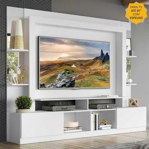 Rack com Painel TV 65 Polegadas Prateleiras com Espelho Oslo Multimóveis Branco