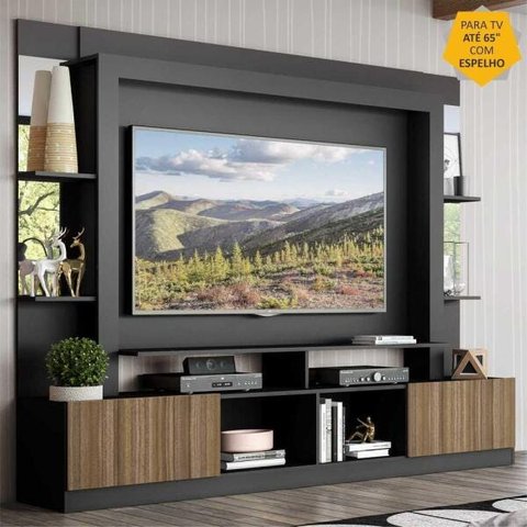 Rack com Painel TV 65 Polegadas Prateleiras com Espelho Oslo Multimóveis Preto/Madeirado