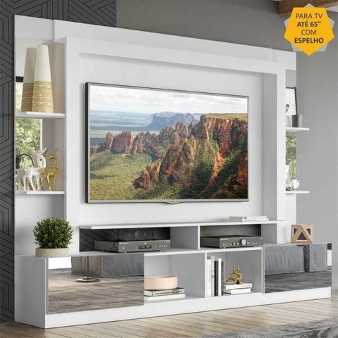 Rack Estante com Painel TV 65 Polegadas e Espelho Oslo Multimóveis Branco