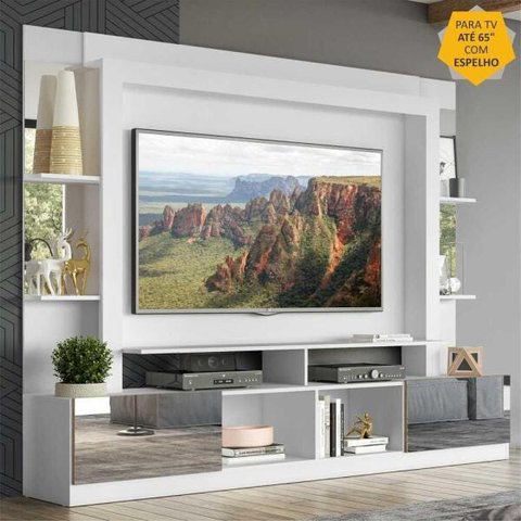 Rack Estante com Painel TV 65 Polegadas e Espelho Oslo Multimóveis Branco/Madeirado