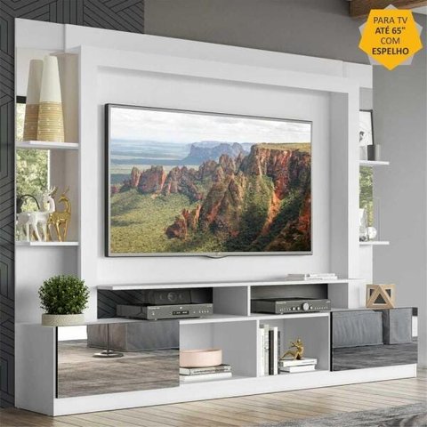Rack Estante com Painel TV 65 Polegadas e Espelho Oslo Multimóveis Branco/Preto