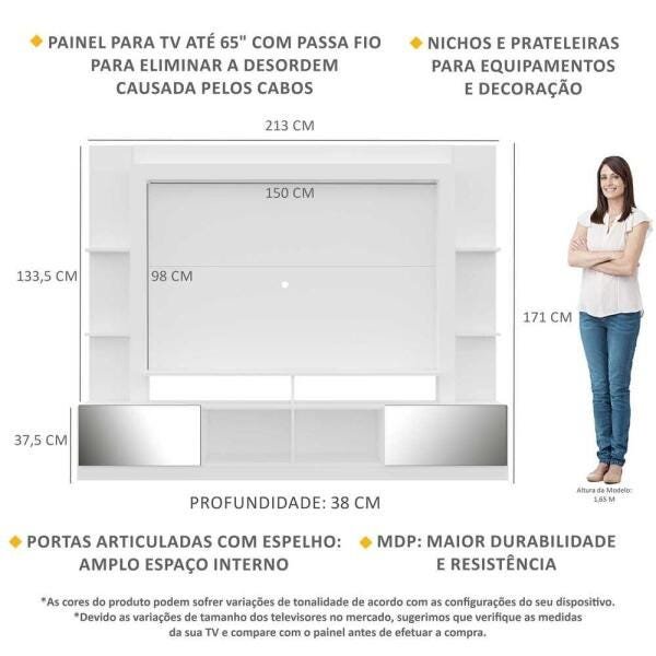 Rack com Painel TV 65 Polegadas Portas com Espelho Oslo Multimóveis Branco - 3