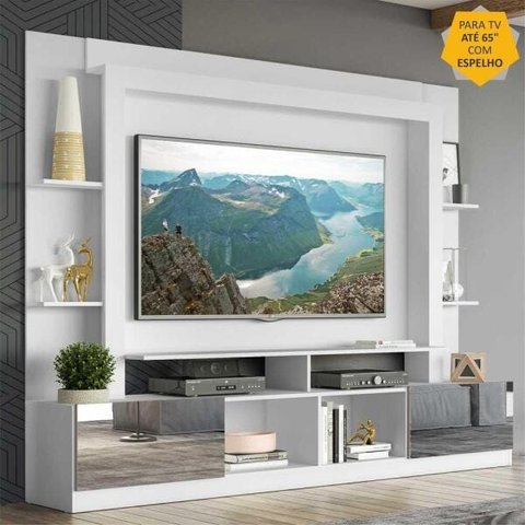Rack com Painel TV 65 Polegadas Portas com Espelho Oslo Multimóveis Branco/Lacca Fumê