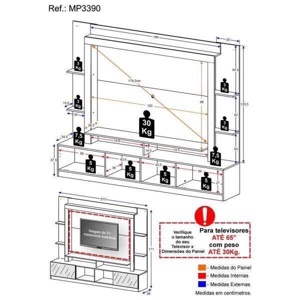 Rack com Painel TV 65 Polegadas Portas com Espelho Oslo Multimóveis Branco/Preto - 4