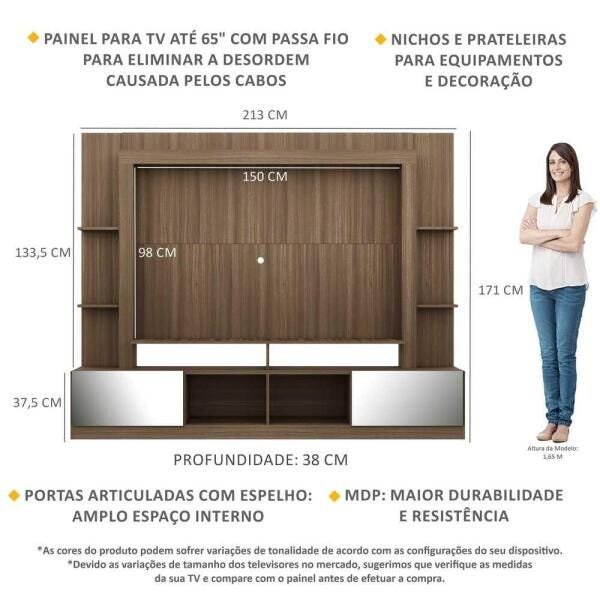 Rack com Painel TV 65 Polegadas Portas com Espelho Oslo Multimóveis Madeirado/Lacca Fumê - 3