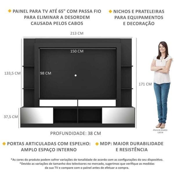 Rack com Painel TV 65 Polegadas Portas com Espelho Oslo Multimóveis Preto - 3