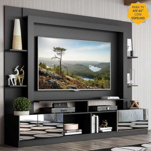 Rack com Painel TV 65 Polegadas Portas com Espelho Oslo Multimóveis Preto/Branco