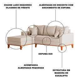 Sofá 3 Lugares Beny com Chaise Esquerdo Linho Cru - 6