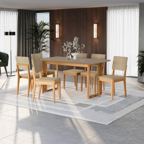 Conjunto Sala de Jantar Dora em Madeira Maciça 6 Cadeiras Boucle Bege