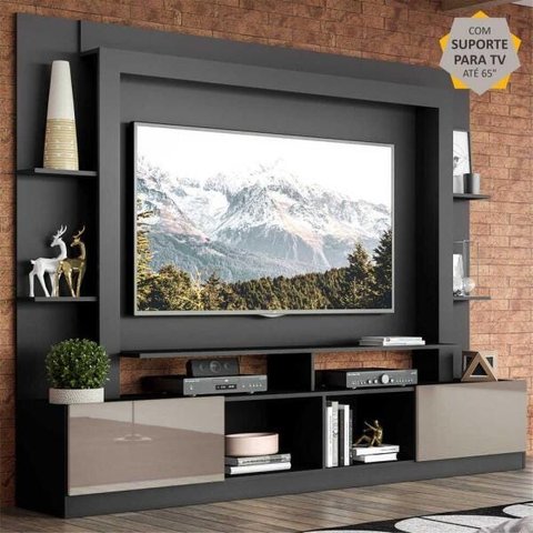 Rack Estante com Painel e Suporte Tv 65 Polegadas e 2 Portas Oslo Multimóveis Preto/lacca Fumê
