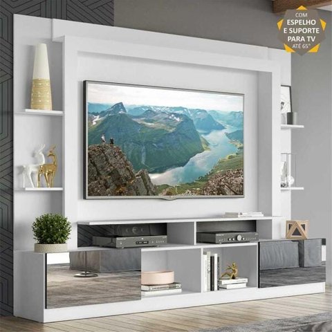 Rack com Painel e Suporte para TV até 65 Polegadas Portas com Espelho Oslo Multimóveis Branco/Preto