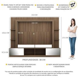 Rack com Painel e Suporte para Tv até 65 Polegadas Portas com Espelho Oslo Multimóveis Madeirado - 3