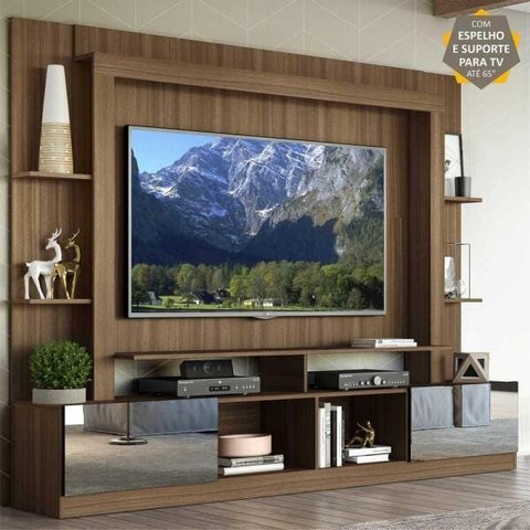 Rack com Painel e Suporte para TV até 65 Polegadas Portas com Espelho Oslo Multimóveis Madeirado/Pre
