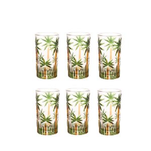 Conjunto de 6 Copos Alto de Cristal Wolff Palm Tree Handpaint 330ml Mesa Posta
