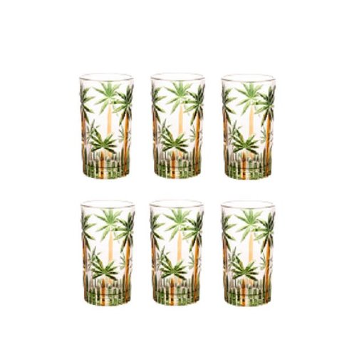 Conjunto de 6 Copos Alto de Cristal Wolff Palm Tree Handpaint 330ml Mesa Posta