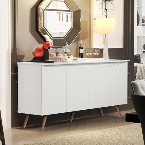 Aparador Buffet Encanto 4 Portas Retrô com Pés de Madeira Branco