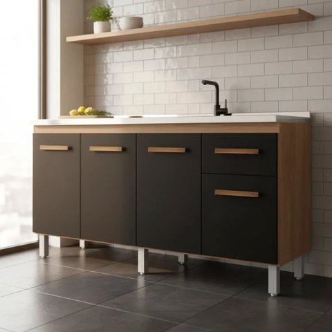 Balcão Cozinha Armário Gabiente Pia de 140cm Camile com 4 Portas e 1 Gavetas sem Tampo - Savana/Pret