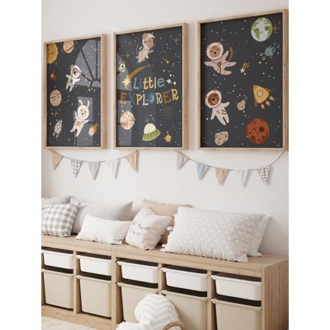 Kit 3 Quadros Decorativos Infantil Astronauta Espaço No2