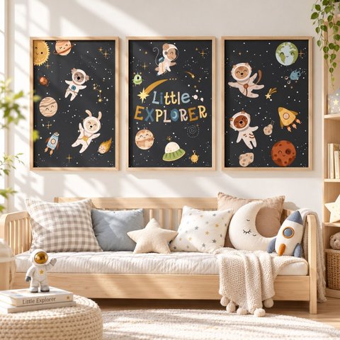 Kit 3 Quadros Infantil Astronauta Espaço Quarto Bebê Menino Menina 40x60 Moldura Madeira NO2