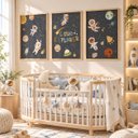 Ver imagem 3 de Kit 3 Quadros Infantil Astronauta Espaço Quarto Bebê Menino Menina 40x60 Moldura Madeira NO2