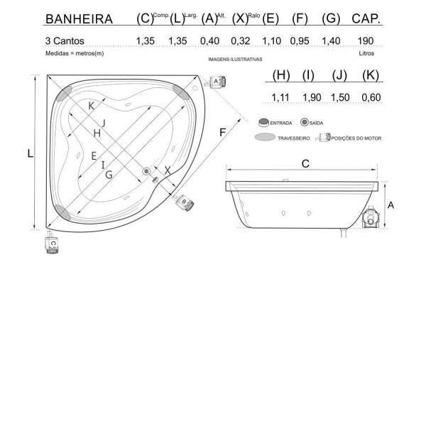 Banheira de Hidromassagem Angulo 3 Cantos Dupla 1,35x1,35x0,40 Acrilico-Completa - 3