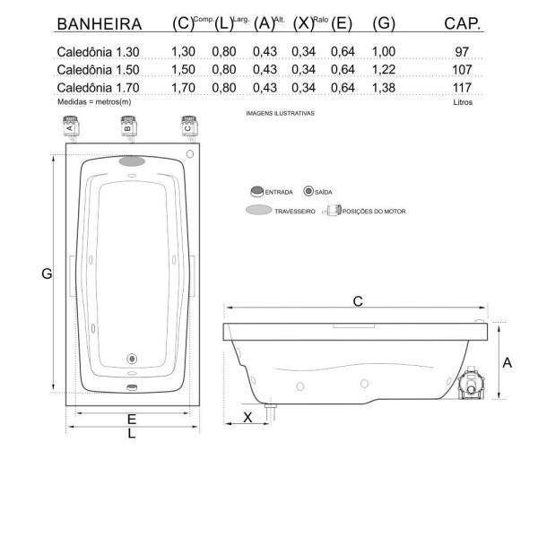 Banheira de Hidromassagem Caledonia Individual 1,70x0,80x0,43 Acrilico-Completa - 3